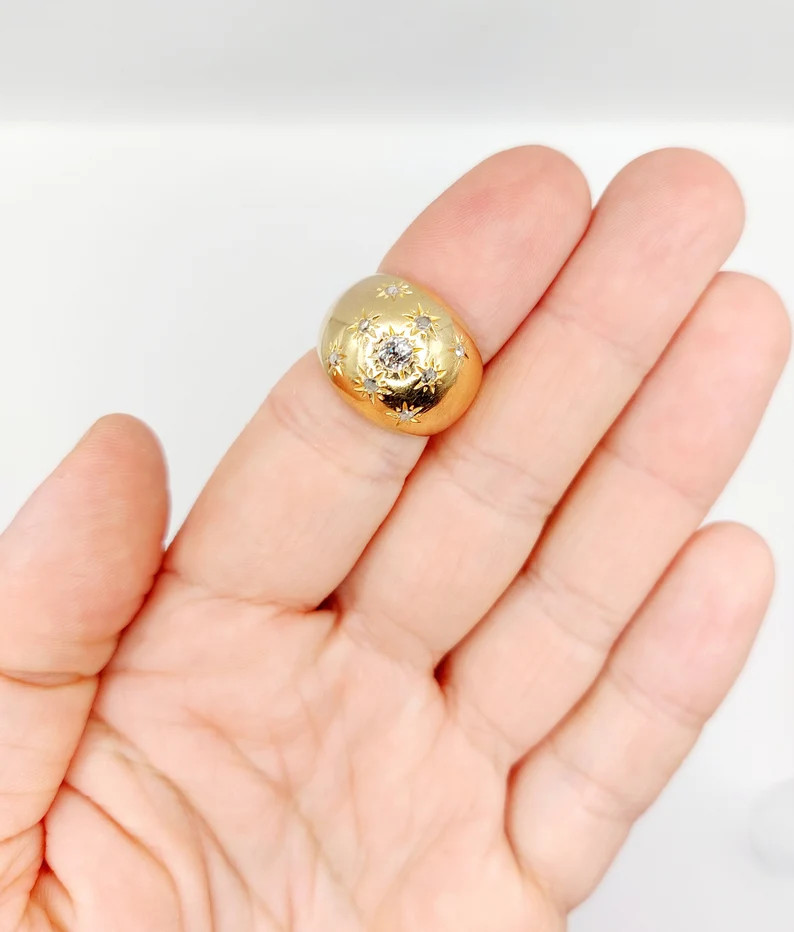 French Bombé Ring 18k Gold Set With a 0.25 Carats Old Mine Cut Diamond in Star Setting and Rose ... | Etsy (US)