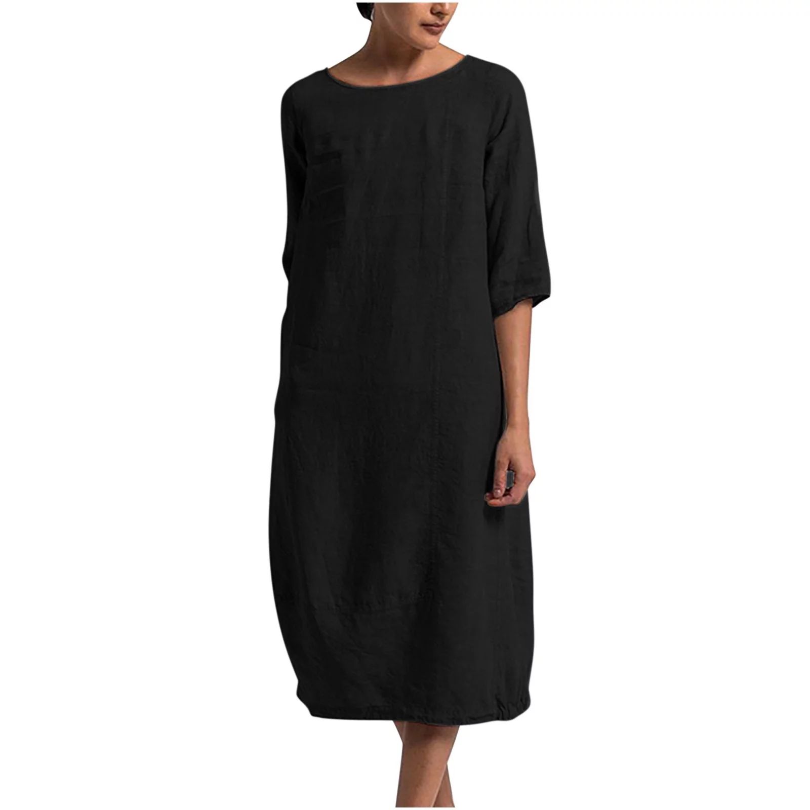 Summer Dress for Women Women'S Round Neck Knee-Length Linen Dress Boho Casual Loose Dress With Bu... | Walmart (US)