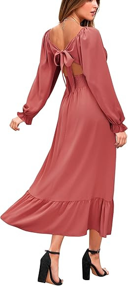 VOTEPRETTY Women's Puff Sleeve Bridal Shower Flowy Tie Back Long Dresses | Amazon (US)