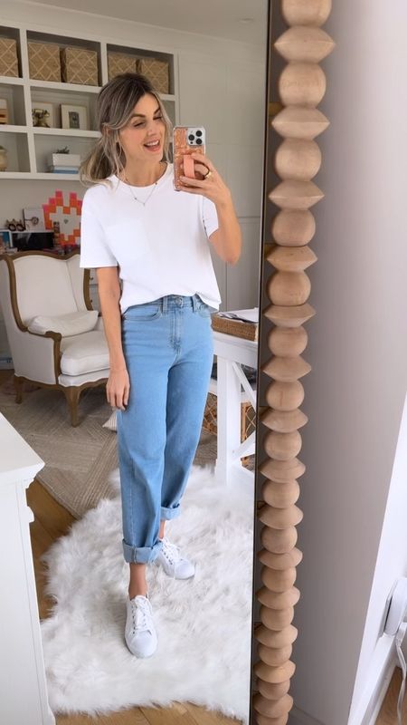 If you’re looking for the perfect affordable white T-shirt, this one is only $8 and one of my absolute favorites. I love the boyfriend cut of it. And I’m wearing it with my favorite pair of wide leg jeans that are only $26 that you can cuff at the bottom to make paper bag jeans. Make sure you size DOWN in the jeans and get your normal size in the tee. 