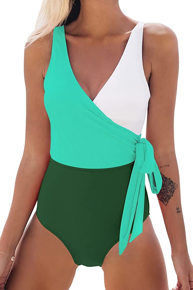 CUPSHE Women's One Piece Swimsuit Wrap Color Block Bowknot Bathing Suit | Amazon (US)