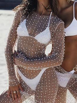LABULADUO Sexy Women Sheer Mesh Pearl Rhinestone Cover Up Dress Summer Beach Bathing Suit Cover Ups  | Amazon (US)