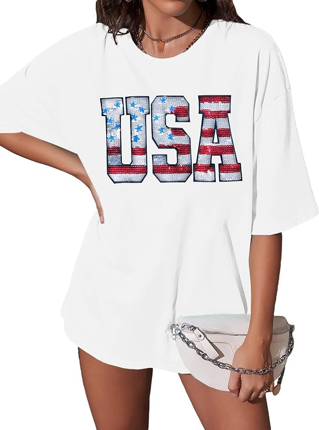 USA Sequin Tops American Shirts : Patriotic Oversized Tshirt Womens Fourth of July Shirts Short S... | Amazon (US)