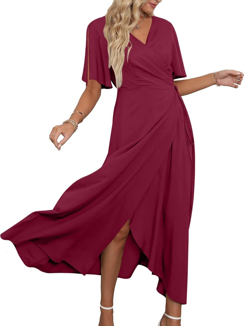 DEEP SELF Women Summer V Neck Short Sleeve Split Wrap Maxi Dress Waist Tie Casual Flowy Long Dres... | Amazon (US)