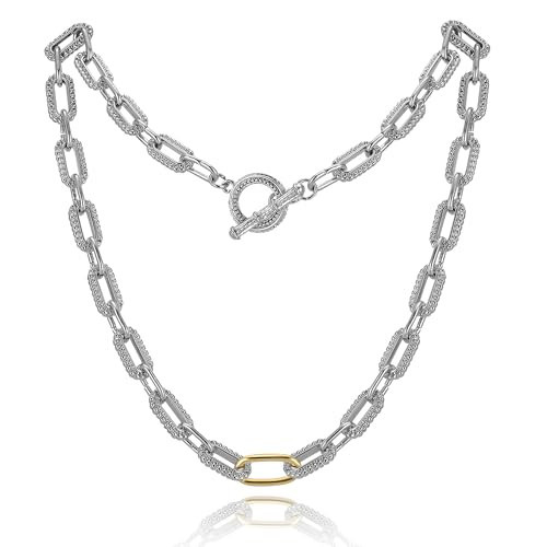 dnswez Chain Necklaces, Chunky Silver Necklace Vintage Link Chain Necklace for Women 2 Tone Necklace Adjustable Jewelry Gifts for Women(Paperclip-C) | Amazon (US)