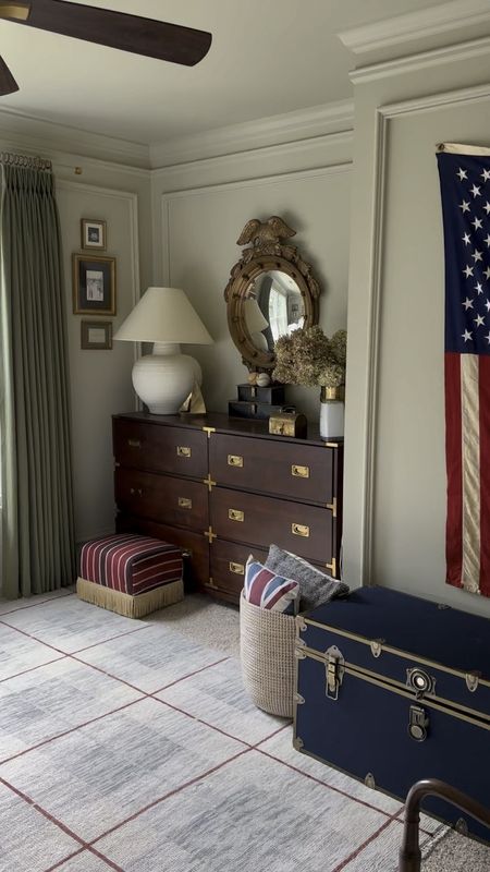 Boys bedroom, federal campaign, dresser, Wayfair, pottery, barn, storage trunk, Americana, decor, preppy, decor, handknotted Turkish oushak, palindrome home, curtains, velvet, daybed Leo’s room

#LTKhome