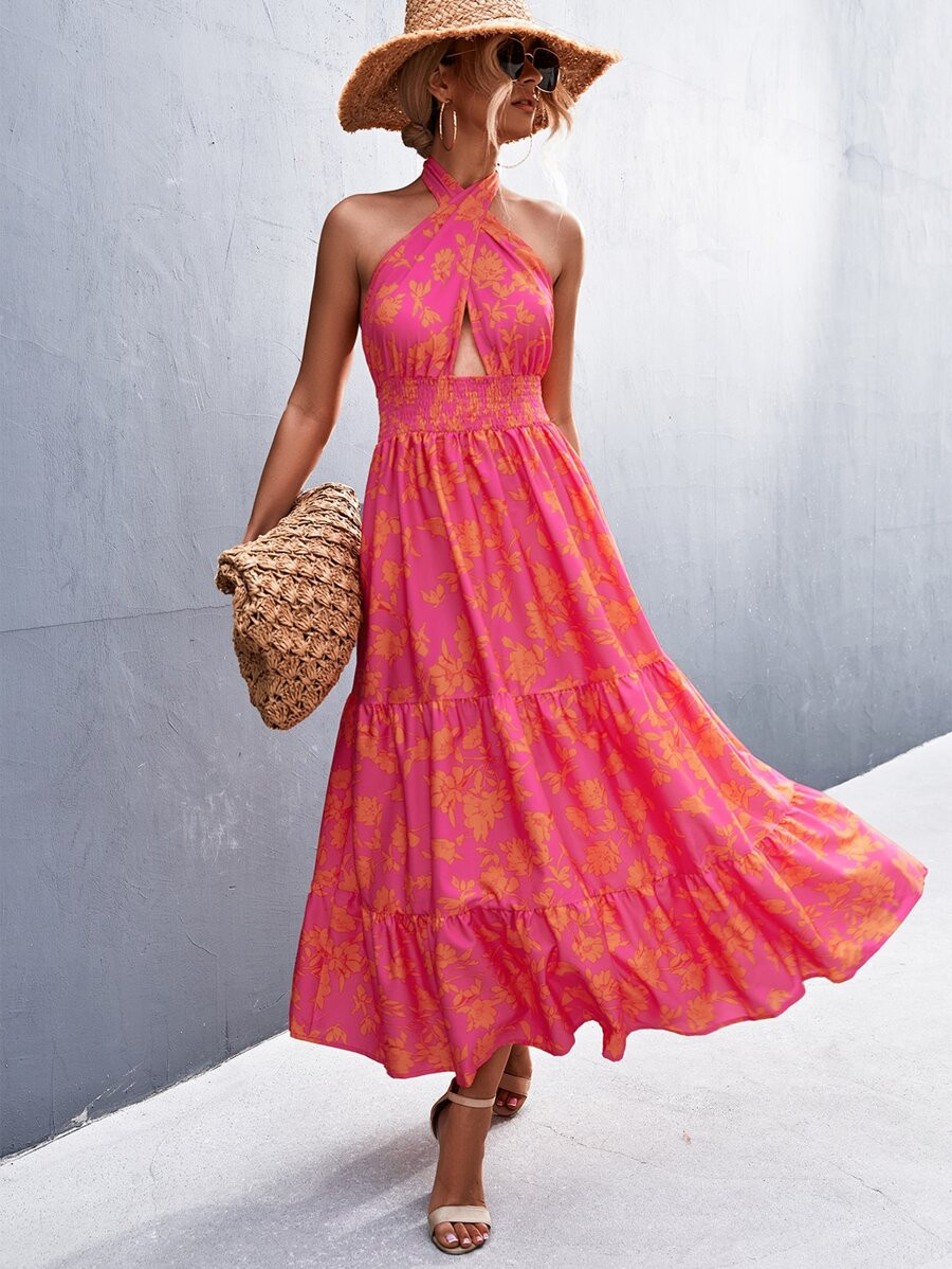 SHEIN VCAY Floral Print Shirred Waist Ruffle Hem Tie Backless Halter Dress | SHEIN