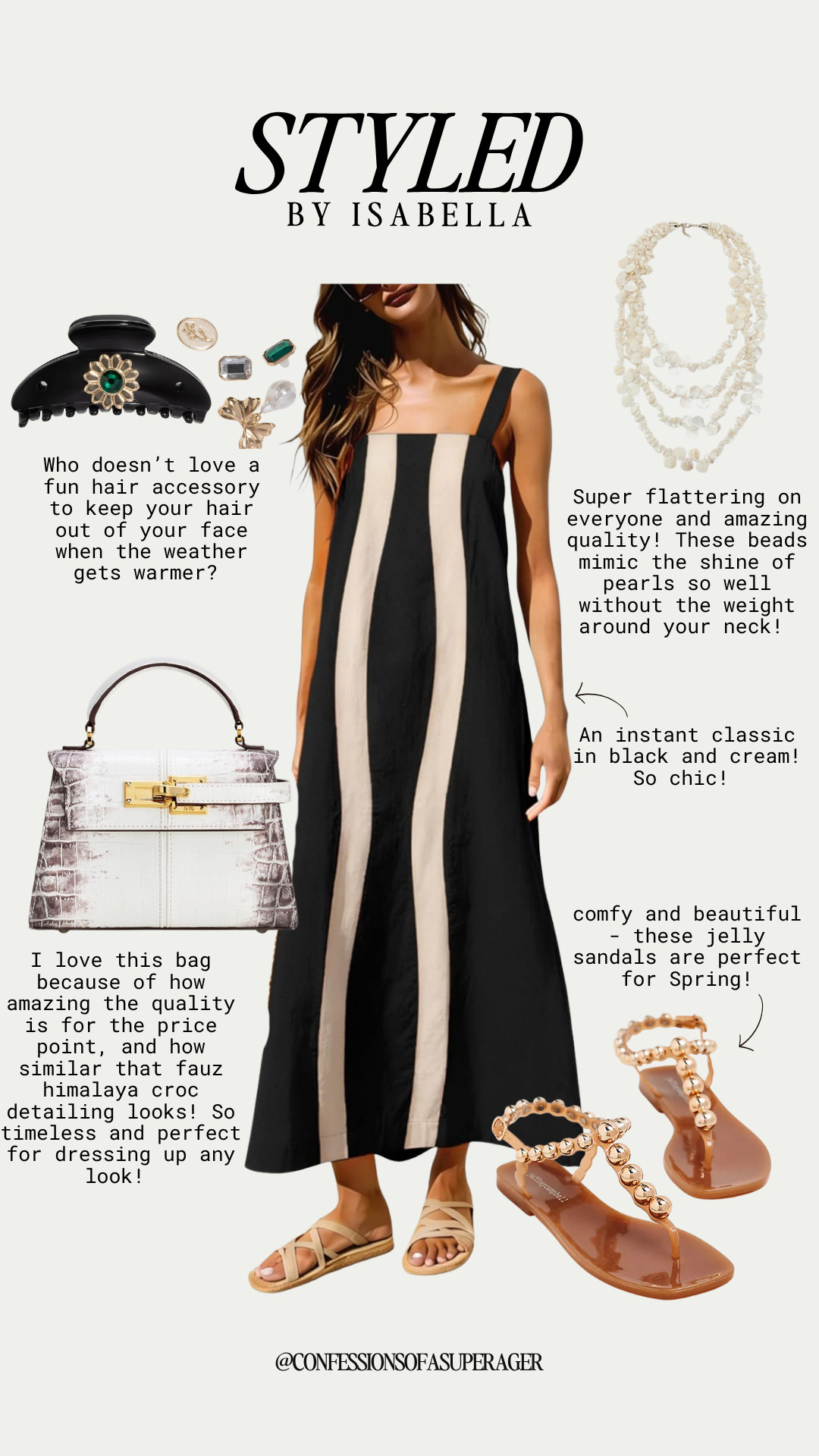 Timeless black and cream for effortless chic 🖤 This striped maxi dress is the perfect elevated everyday look—lightweight, flattering, and easy to style for spring and summer. Paired with a luxe-inspired top handle bag, statement pearl-style necklace, trendy hair accessories, and comfortable jelly sandals, this outfit blends classic style with modern details for brunch, travel, or everyday wear. These affordable fashion finds are must-haves for a polished capsule wardrobe—shop now before they’re gone! #SpringStyle #SummerOutfits #MaxiDress #NeutralStyle #ClassicStyle #AffordableFashion #CapsuleWardrobe #EffortlessStyle #VacationOutfits #ChicStyle #Over40Style #LTKFinds #LTKStyle #StyleInspo 

 

#LTKootd #LTKSeasonal #LTKSaleAlert