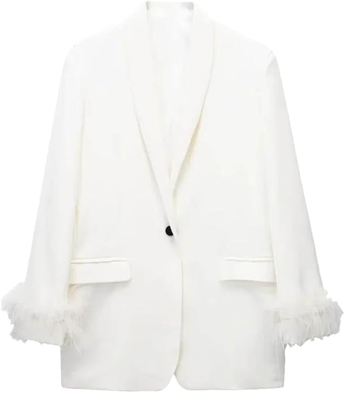 Black Feather Blazer Women Button Fashion Woman Blazer Womens Jackets Long Sleeve Women's Winter ... | Amazon (US)