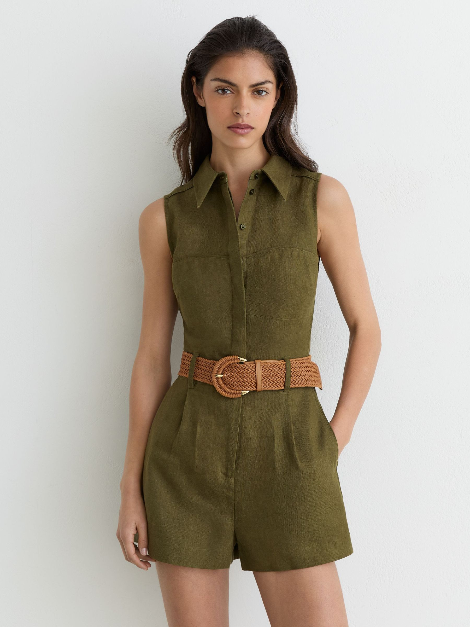 Reiss Linen Sleeveless Belted Playsuit in Khaki Green | REISS | Reiss DE
