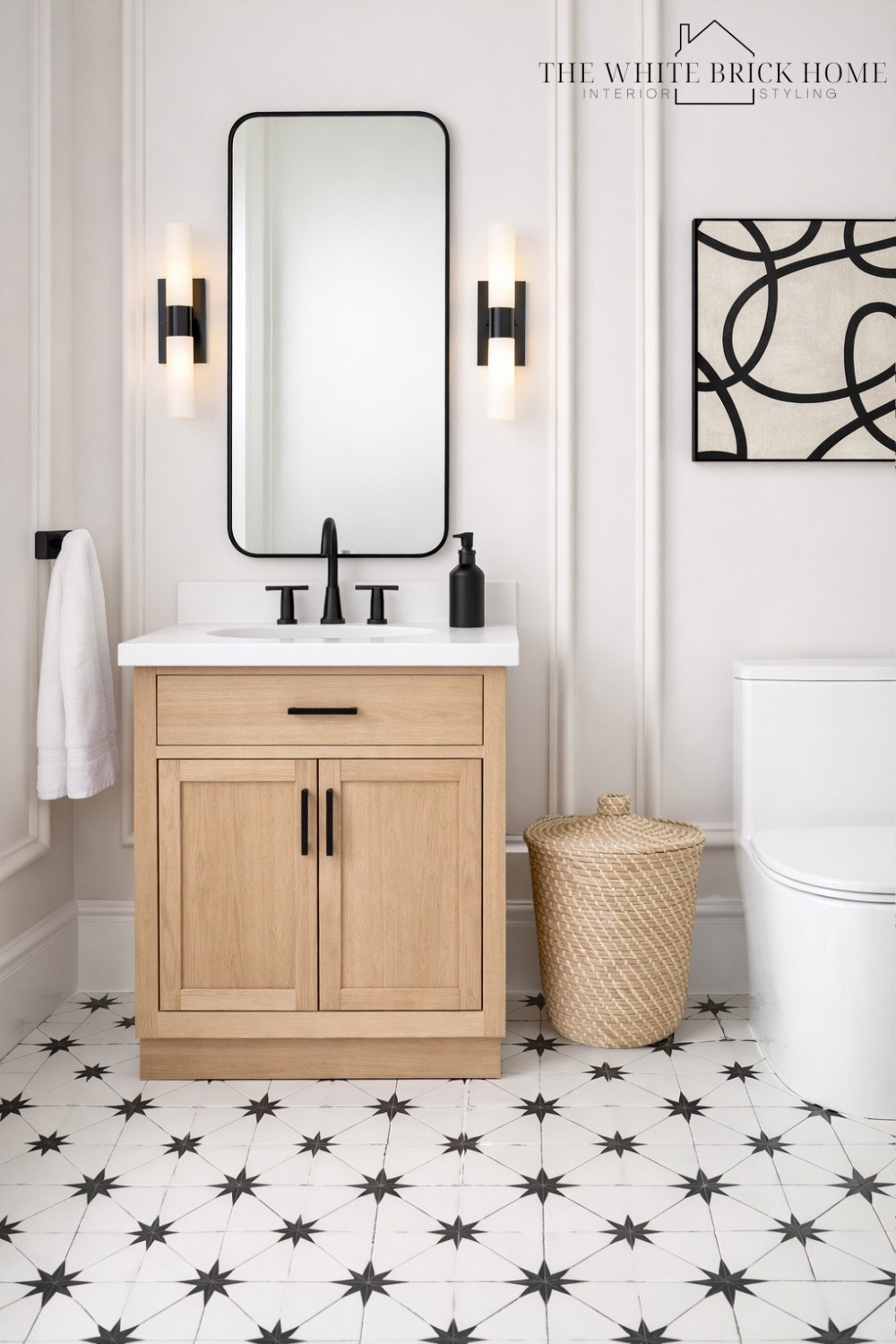A bright powder room design that feels fresh and elevated. 
🖤🖤
Bath, bathroom, powder room, wall mirror, wall sconce, wall art, bathroom decor, bathroom ideas, bathroom vanity, bathroom lighting, bathroom tile, bathroom ideas, wayfair 


#LTKSeasonal #LTKHome #LTKSaleAlert