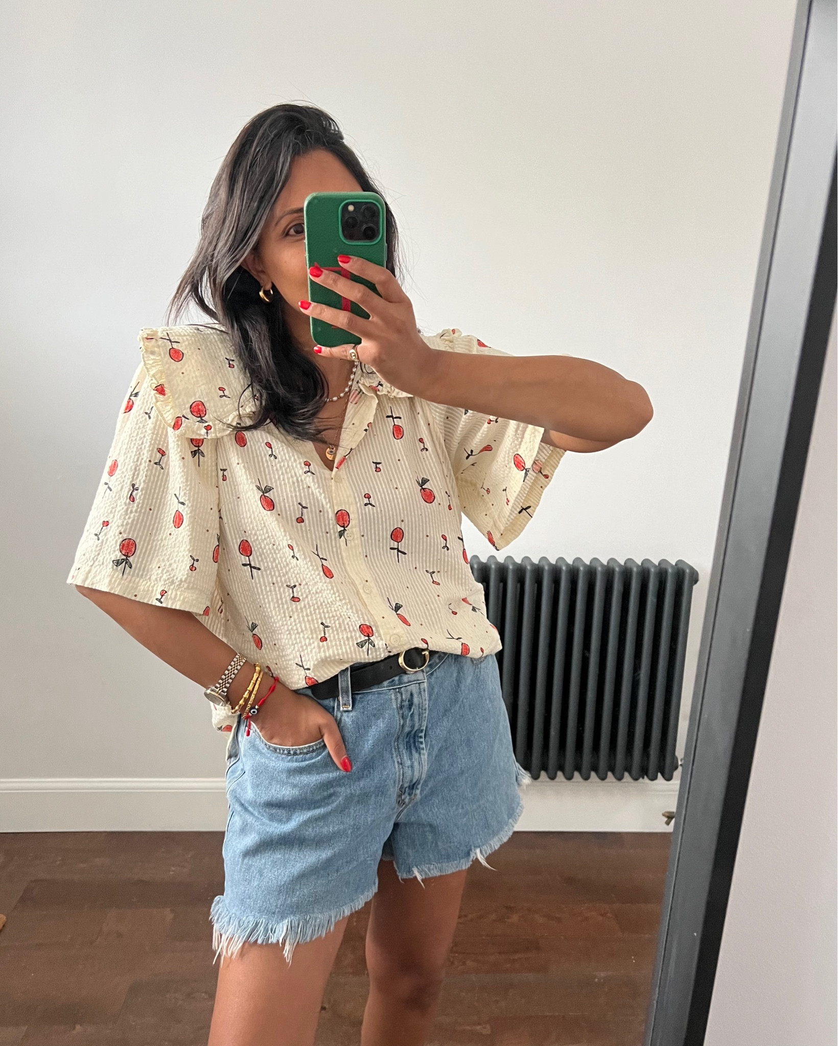 Light layer blouse, short sleeve blouse, cherry pattern blouse, collared blouse, Stella nova top, light wash shorts, blue shorts, denim shorts, raw hem shorts, Levi’s shorts, black leather belt, small buckle belt, Stella Nova, The Outnet, Levi’s, Free People, M&S, & Other Stories

#LTKSeasonal #LTKstyletip #LTKeurope