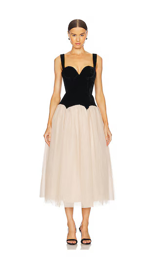 Estella Midi Dress in Black & Tan | Revolve Clothing (Global)