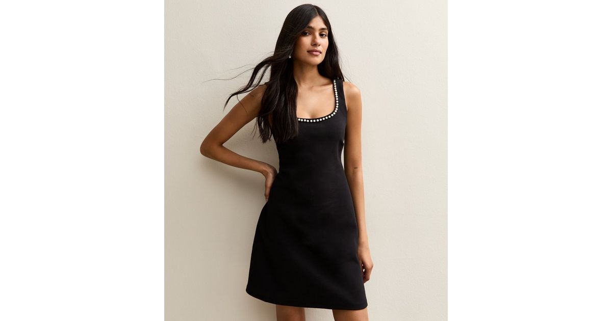 Black Faux Pearl Embellished Scoop Neck Mini Dress | New Look | New Look (UK)