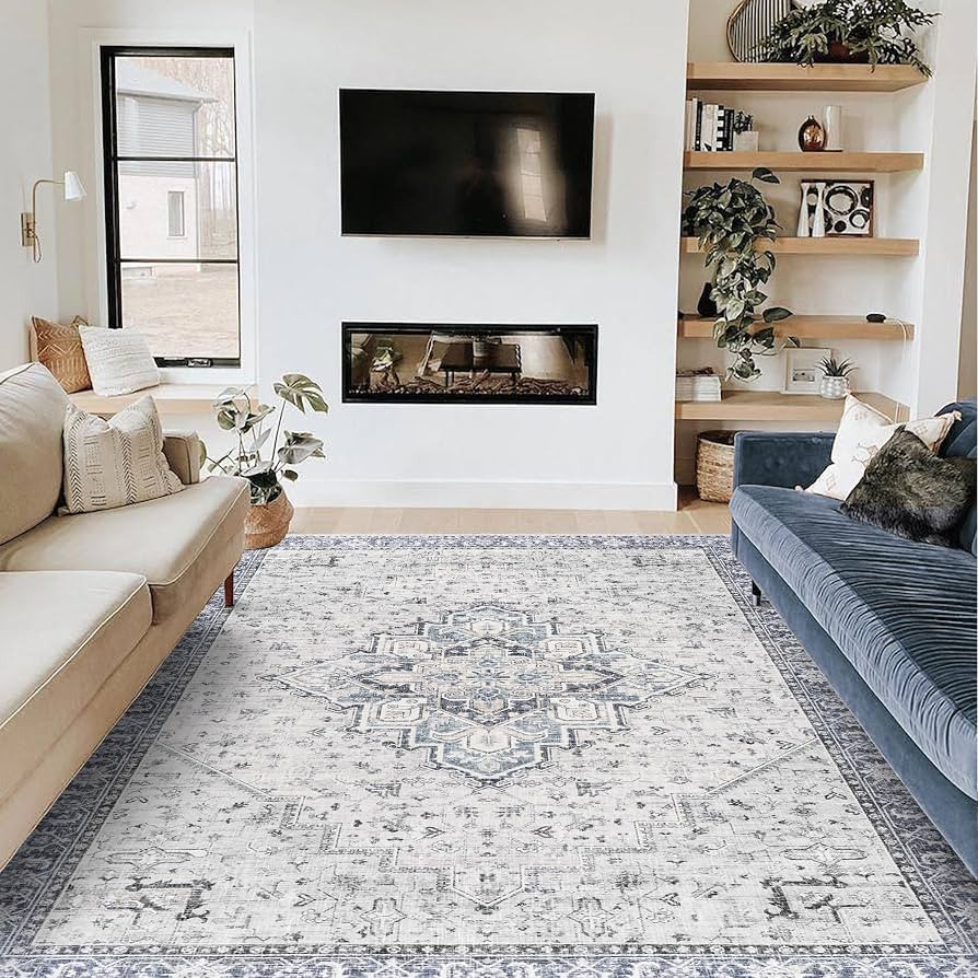 Blue Area Rug for Living Room Washable Distressed Vintage Medallion Patterned Woven Dining Room R... | Amazon (US)