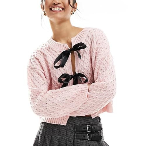 Women Tie Front Cardigan Sweater Cute Ribbon Lace Up V Neck Long Sleeve Knit Top Fall Going Out Blouse Top Streetwear A Pink | Amazon (US)