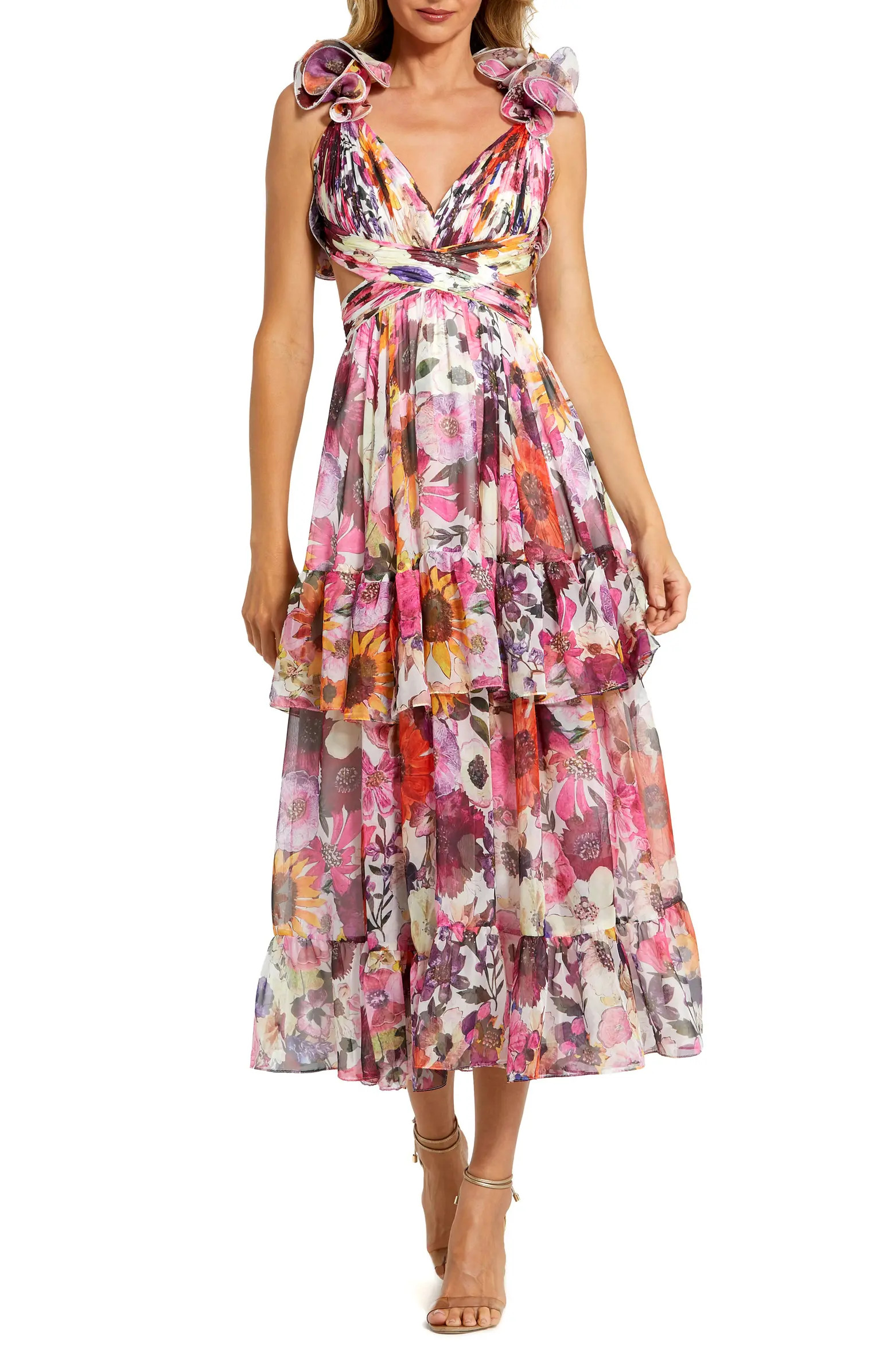 Mac Duggal Floral Ruffle Plissé Midi Cocktail Dress | Nordstrom | Nordstrom