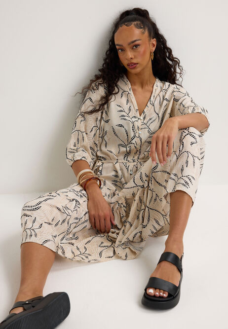 Womens Cream Leaf Print Prairie Dress | Peacocks