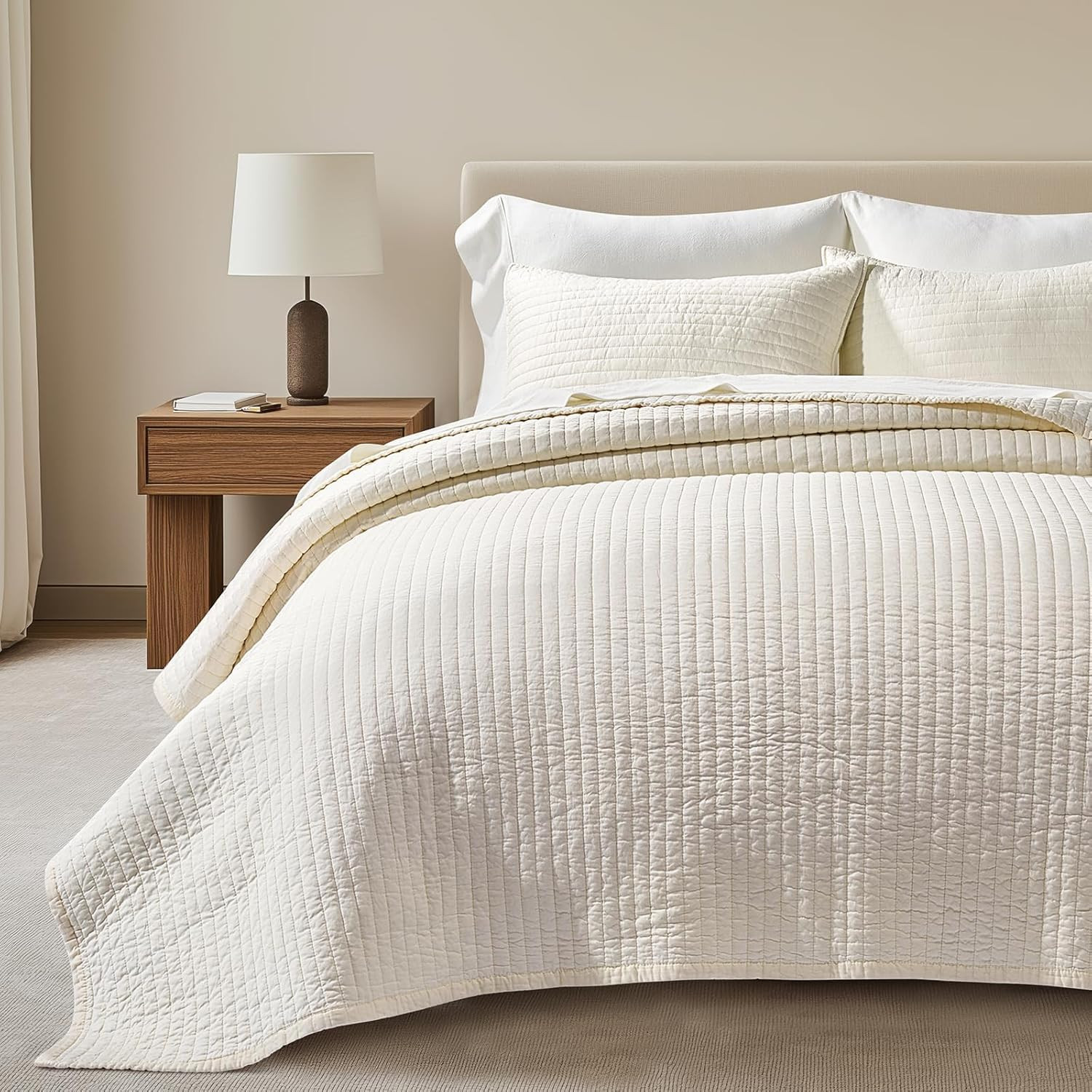 EVERGRACEHOME Cotton Sateen Quilt Set, Queen Size, Cream | Amazon (US)