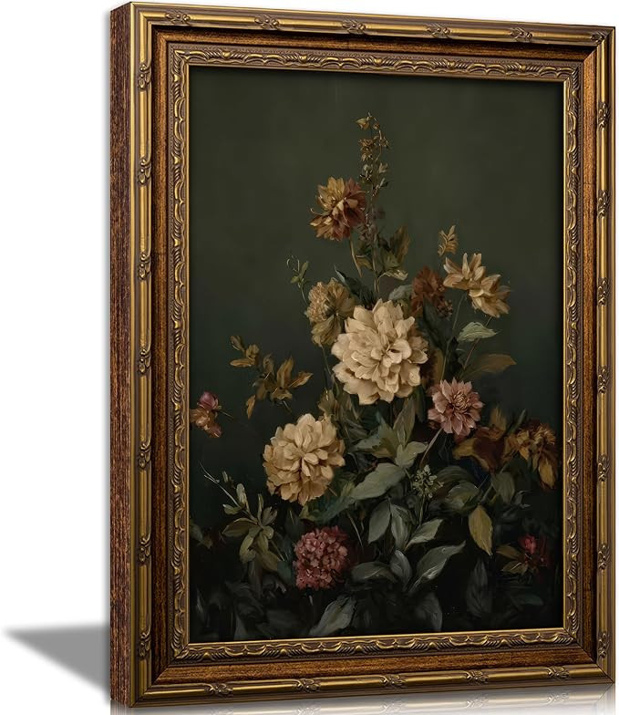 Vintage Gold Framed Moody Floral Wall Art,Dark Green Botanical Canvas Print | Amazon (US)