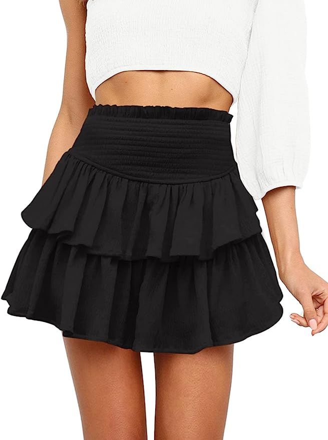 NIMIN Women's Smocked Solid Shirred High Waist Layered Ruffle Hem Flared Mini Skirt | Amazon (US)
