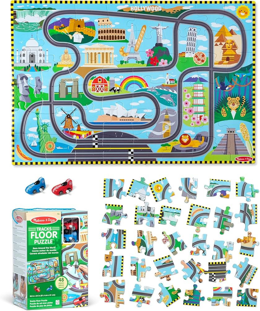 Melissa & Doug Race Around The World Tracks Cardboard Jigsaw Floor Puzzle and Wind-Up Vehicles ... | Amazon (US)