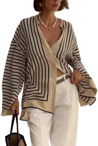 UOOZEE Women's Striped Oversized Blouse Long Sleeve Loose Fit Flowy High Low Hem Shirts Boho Chic... | Amazon (US)