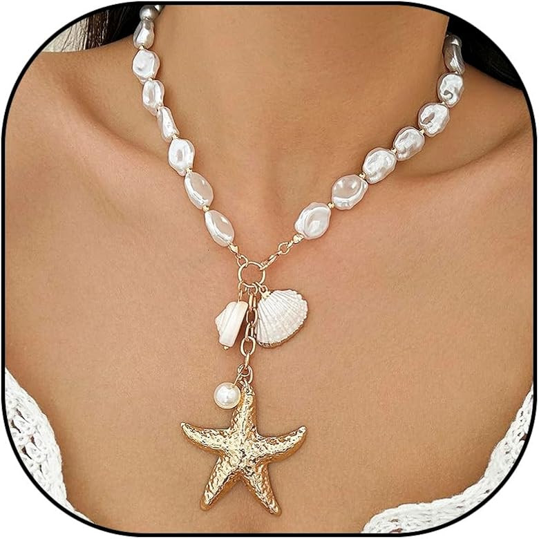 Gold Shell Necklace Gold/Silver Charm Necklace Shell Starfish Pearl Necklace Oversized Shells and... | Amazon (US)