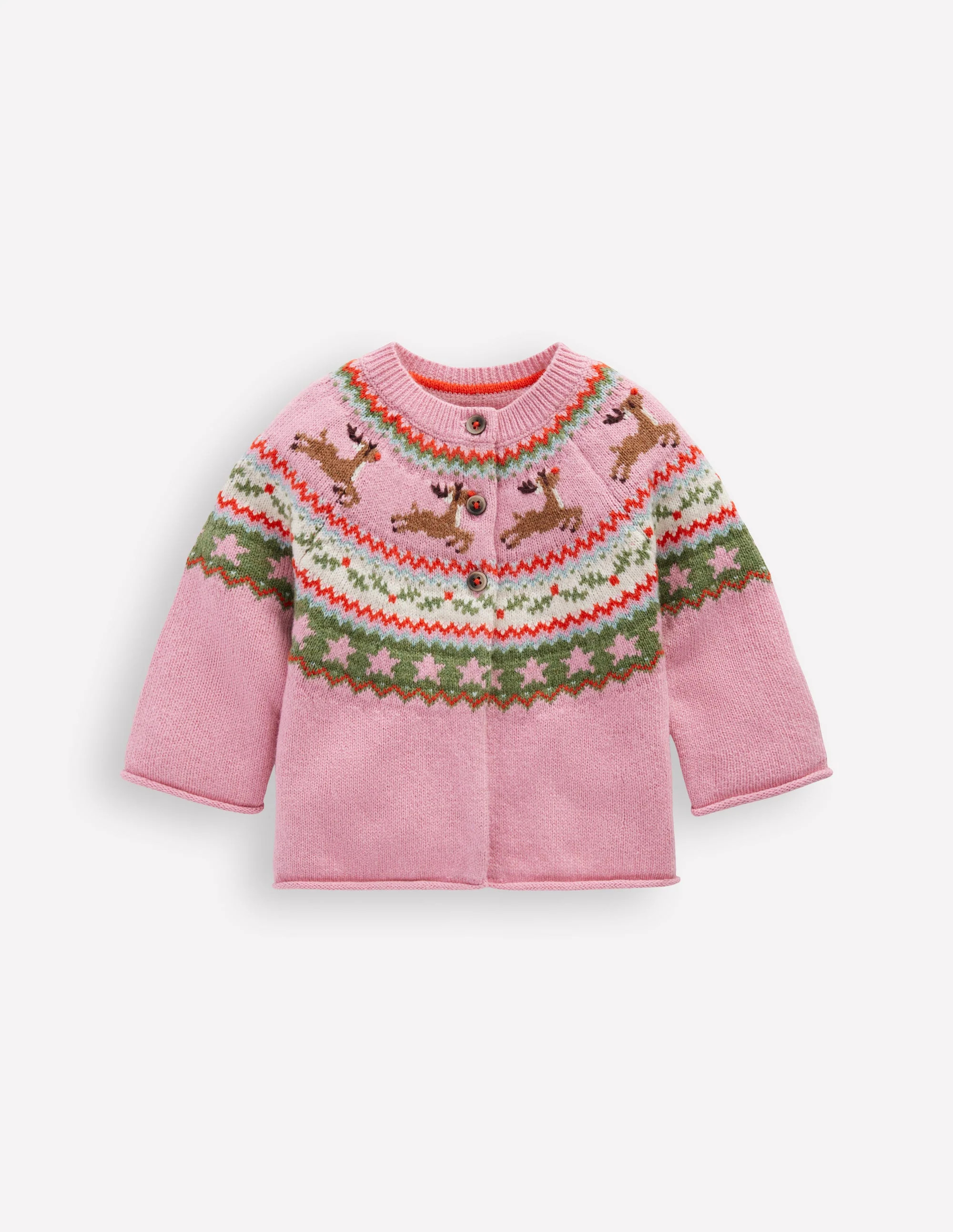 Edie Fair Isle Cardigan-Pink Festive Reindeer | Boden UK