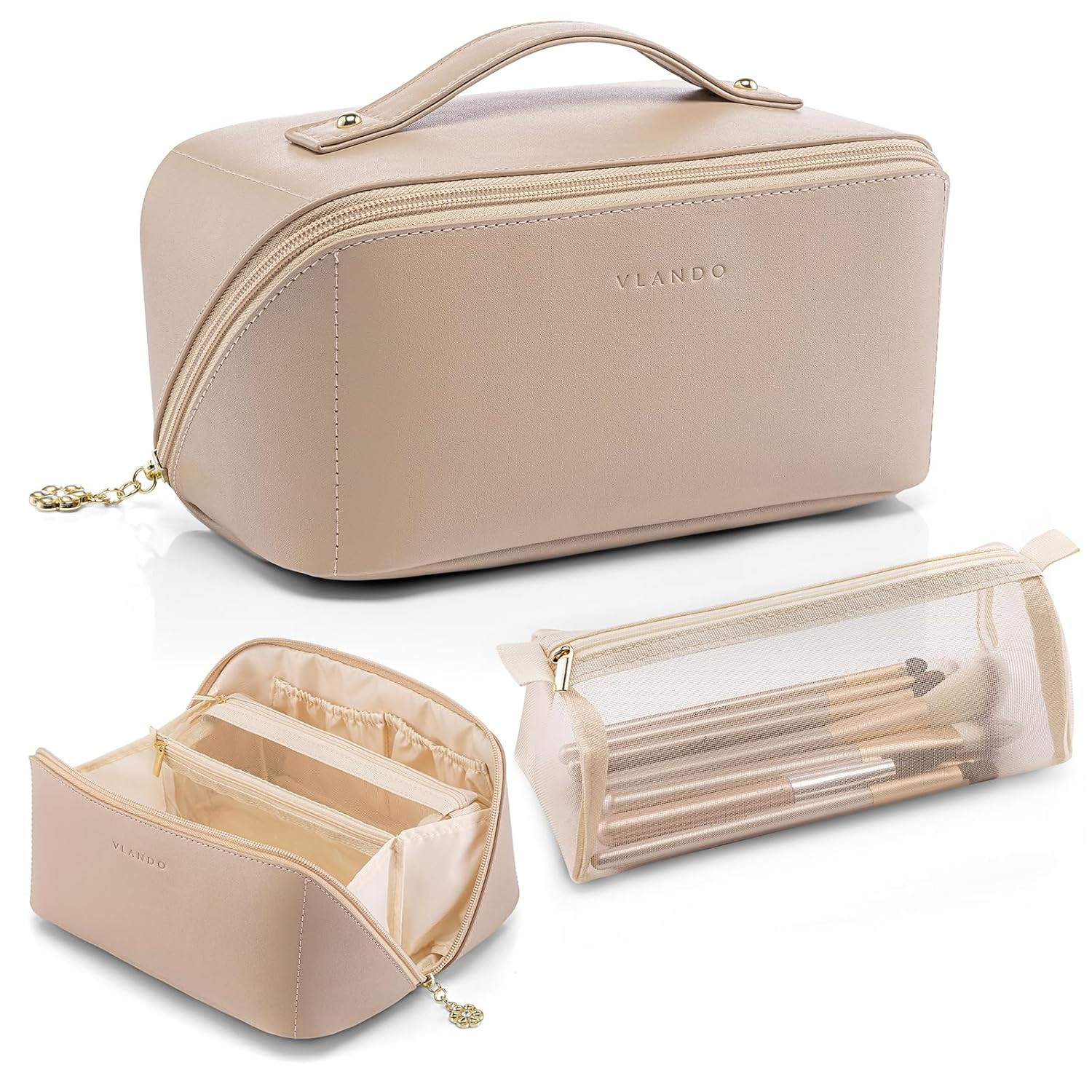 Vlando Makeup Organizer Bag,Travel Makeup Bag for Women Waterproof Portable Cosmetic Bag PU Leath... | Amazon (US)