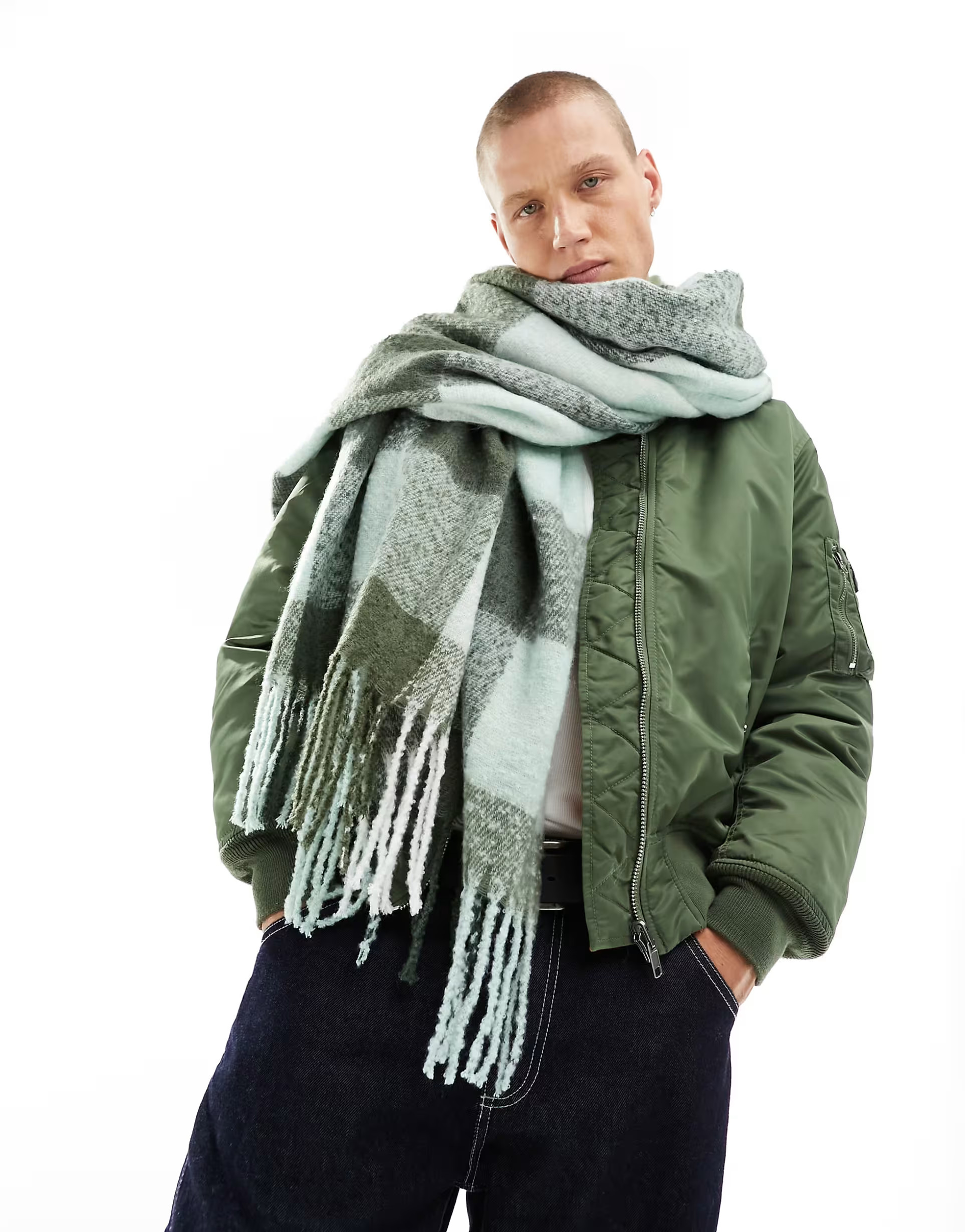 ASOS DESIGN oversized fluffy scarf in green check | ASOS (Global)