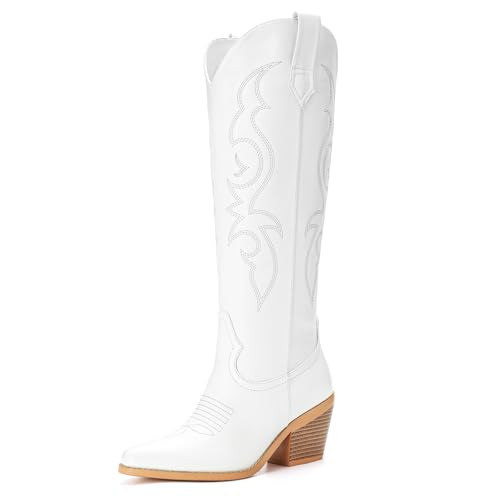 Platikly White Cowboy Boots for Women - Embroidered Western Cowgirl Boots, Wide Calf Knee High Tall Boots, Almond Pointed Toe Chunky Heel Pull On Zipper Classic Retro Country Boots for Ladies US 7.5 | Amazon (US)