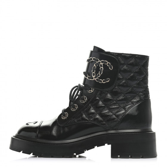 CHANEL Shiny Calfskin Quilted Lace Up Combat Boots 35 Black | Fashionphile