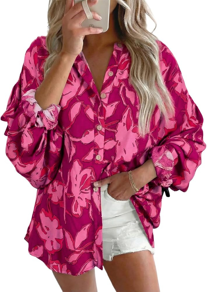 Astylish Womens 2026 Boho Floral Loose Spring Summer Tops Lantern Sleeve Flowy Blouses V Neck But... | Amazon (US)