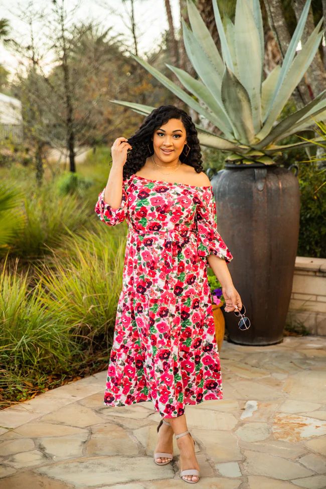 Not The only Ones Pink Off The Shoulder Floral Midi Dress | Pink Lily