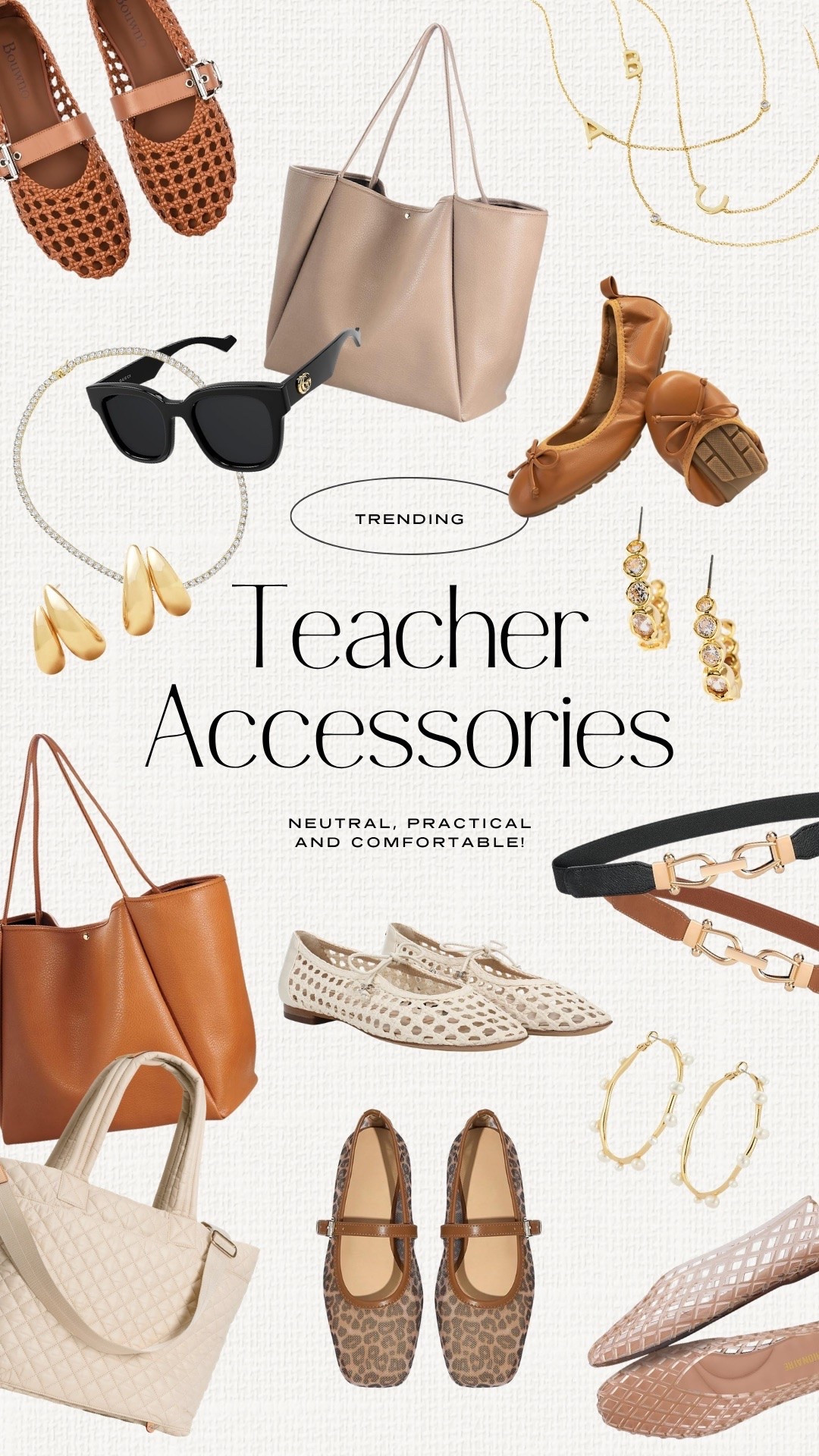 Teacher and business casual accessories! Gold earrings and necklaces. Neutral totes, bags, purses, and weekenders. Ballet flats, mules, jellies and slides for work. Designer sunglasses. Elevated casual outfits for teachers, moms and working women.

#LTKmomlife #LTKSeasonal #LTKPetite