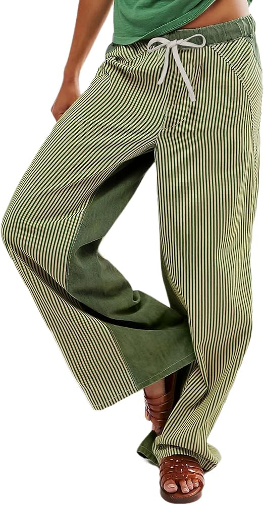 Milo Striped Low Rise Jeans for Women Drawstring Wide Leg Patchwork Pull On Trousers Pants 2024 T... | Amazon (US)