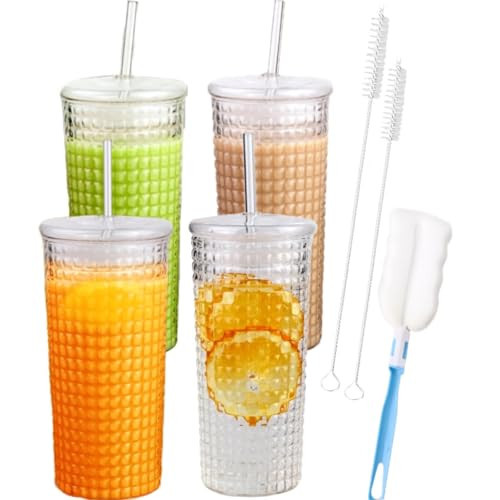 Birity 4 pask Glass Cups With Lids and Glass Straws,24oz High Borosilicate Glass Tumbler Iced Coffee Smoothie Soda Water Tea Cup-Wide Mouth Reusable Mason Jar Drinking Glasses Travel Mug | Amazon (US)
