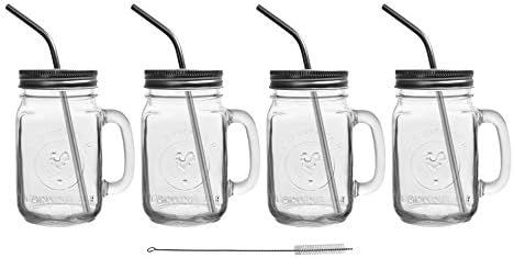 Mason Jar Mugs with Glass Handles and Metal Straws, Brimley 16oz Drinking Glasses Set of 4 | Amazon (US)