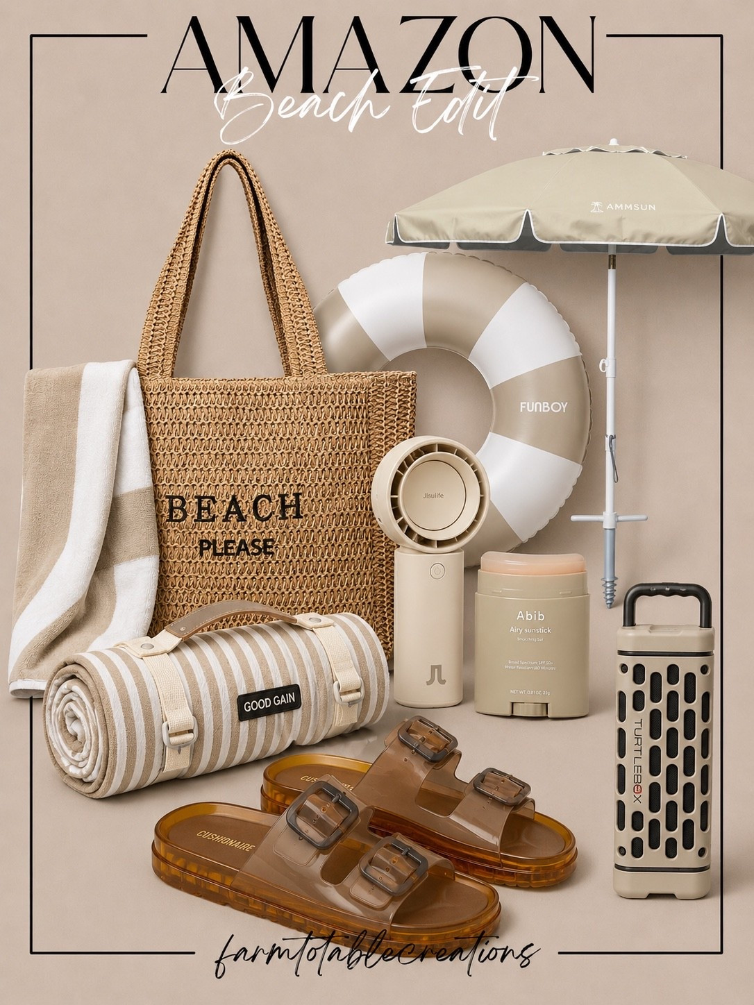 Amazon Beach Edit

Follow @farmtotablecreations on Instagram for more home, outdoor, and seasonal finds.

Neutral beach essentials that look as good as they function. From the oversized beach tote and striped towels to the portable fan, beach umbrella, waterproof speaker, sunscreen stick, and comfy sandals, this collection is ready for pool days, lake days, and beach vacations all summer long.

#amazonfinds #beachessentials #beachbag #beachtowel #beachumbrella #portablefan #sunscreen #waterproofspeaker #sandals #poolday #lakelife #summerstyle #vacationmusthaves #beachday #amazonfavorites

#LTKSeasonal #LTKHome #LTKSaleAlert