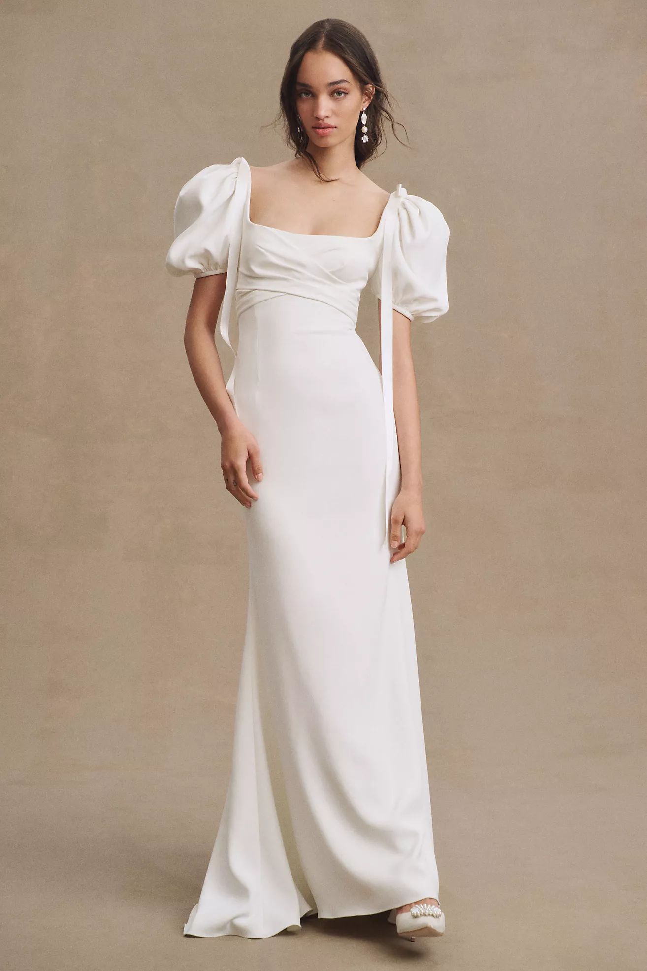 Watters Eloise Puff-Sleeve Sheath Wedding Gown | Anthropologie (US)