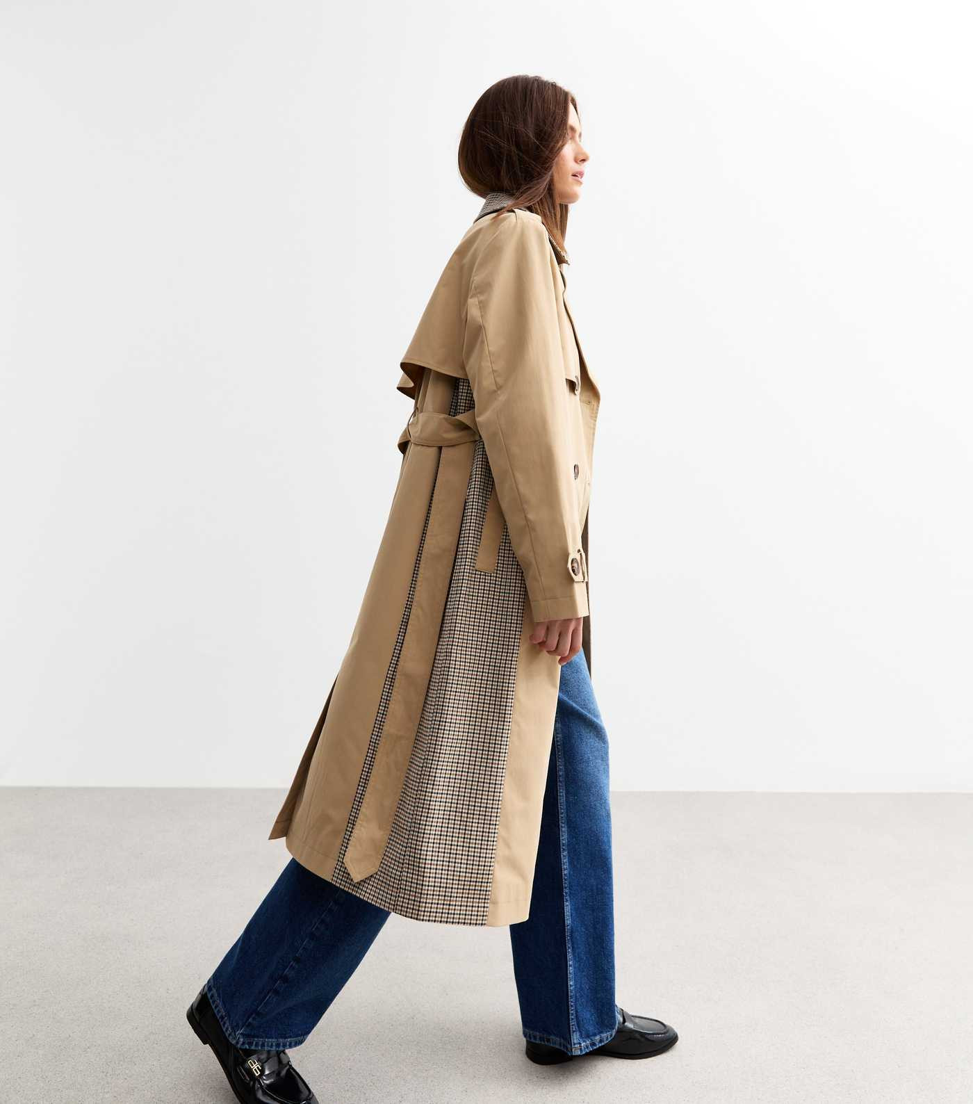 Beige Check Trimmed Trench Coat
						
						Add to Saved Items
						Remove from Saved Items | New Look (UK)