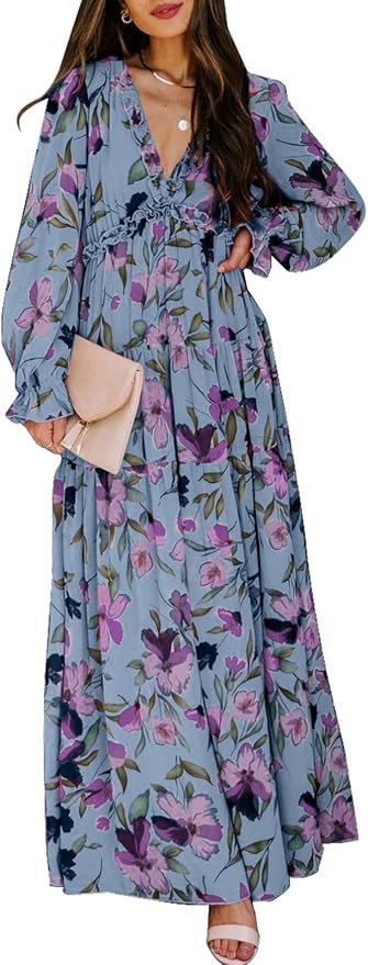 BLENCOT Womens Casual Floral Deep V Neck Long Sleeve Long Evening Dress Cocktail Party Maxi Weddi... | Amazon (US)
