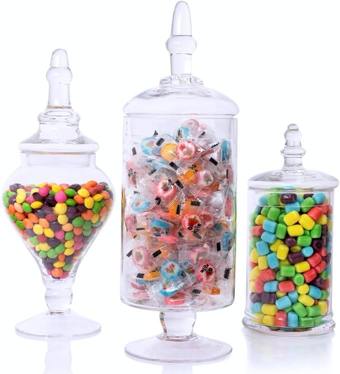Mantello Glass Apothecary Jars with Lids- Set of 3 Jars for Candy Buffet - Apothecary Jars for Ba... | Amazon (US)
