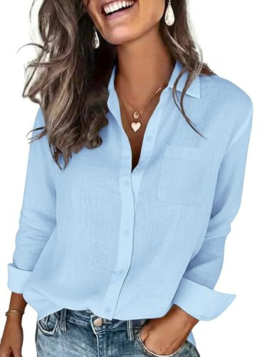 BBIBBI Summer Womens Light Blue Beach Shirt Button Down 100% Cotton Long Sleeve Shirts Dressy Casual Dress Shirt Button Up Blouses with Pocket Gauze Tops Lightweight Breathable Size XL | Amazon (US)