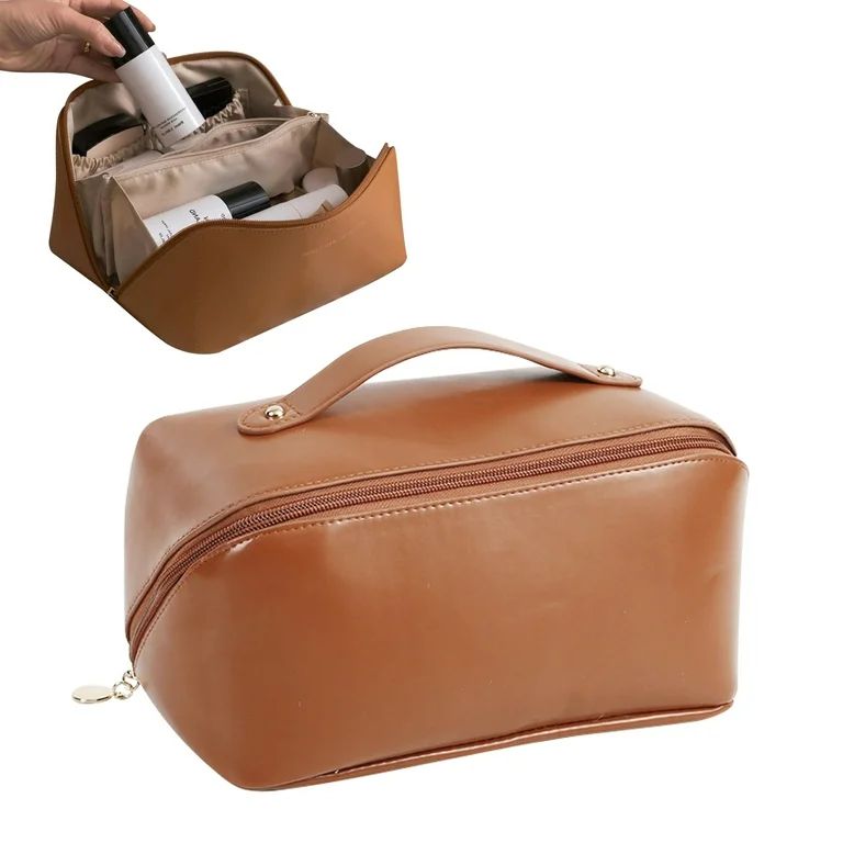 Large Capacity Travel Cosmetic Bag, PU Leather Waterproof Cosmetic Bag with Zipper, Women Portabl... | Walmart (US)