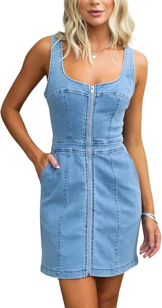 Womens Summer Casual Tank Denim Dress Sleeveless Zipper Front Mini Sexy Jean Dresses with Pockets | Amazon (US)