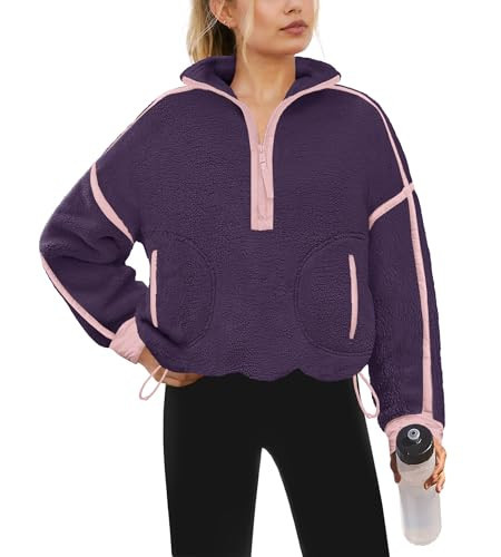 Yanekop Womens Quarter Zip Pullover Sherpa Fleece Jacket Oversized Zip Up Sweatshirt Half Zip Pullover Fuzzy Outerwear(Purple Pink,M) | Amazon (US)