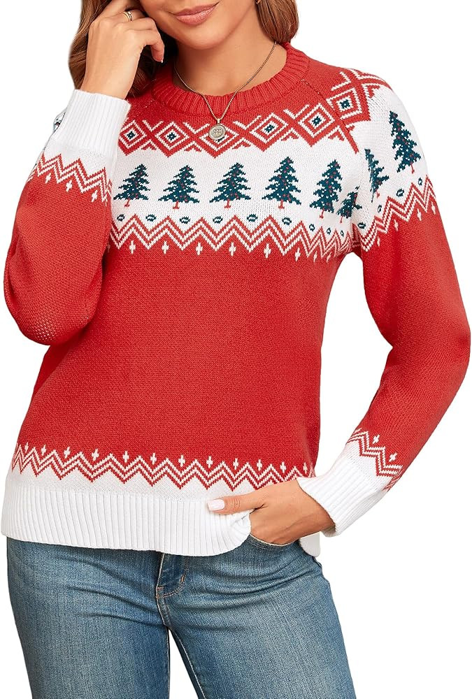 ZAFUL Women's Christmas Cedar Snowflake Trucks Patterns Knitted Sweater Long Sleeve Floral Printe... | Amazon (US)