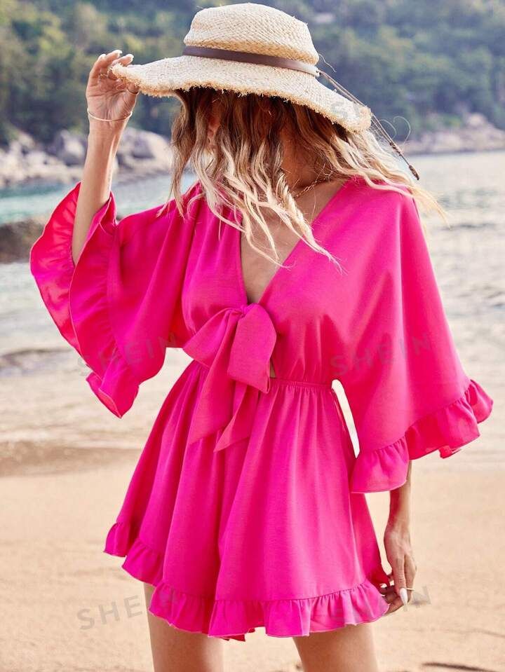 SHEIN VCAY Summer  Beach Women Outfits Vacation Front Knot Valentines Pink Romper Shorts | SHEIN